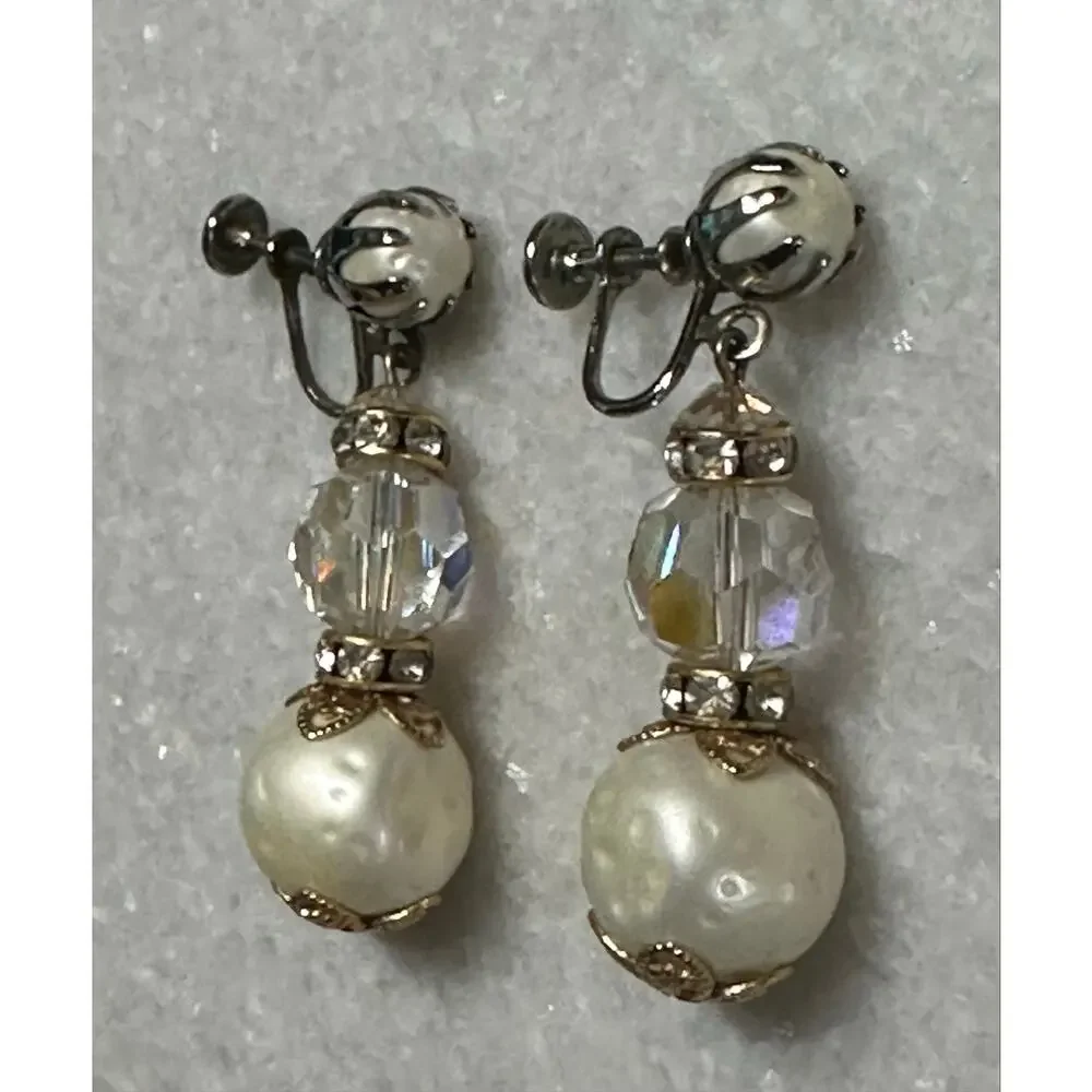 VTG Faux Pearl Crystal Gold Tone Drop Earrings Hollywood glam Statement jewelry